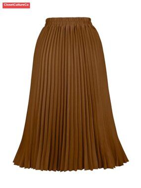 Women's Pleated A-Line Midi Skirt High Waist Flared Swing Skirt Polyester